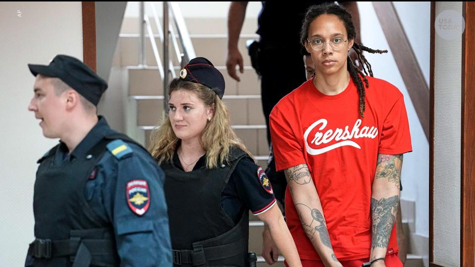 Brittney Griner is escorted to a Russian courtroom for a hearing on July 7, 2022.