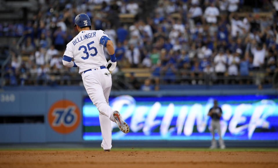 Los Angeles Dodgers' Cody Bellinger heads to second after hitting a solo home run during the second inning of the team's baseball game against the San Diego Padres on Thursday, Aug. 1, 2019, in Los Angeles. (AP Photo/Mark J. Terrill)