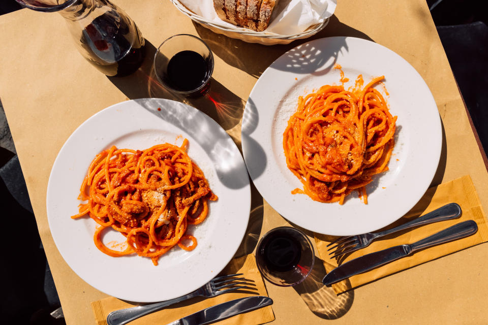 Pasta Amatriciana served on two plates.