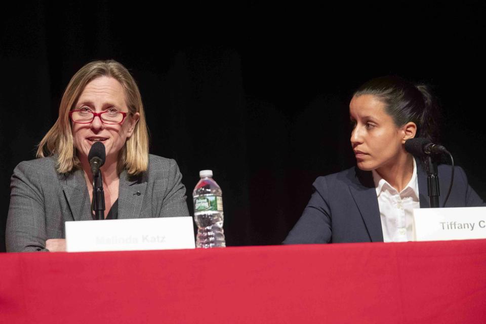 Queens Borough President Melinda Katz, left, speaks at a June 13 district attorney candidate forum as Cab&aacute;n, right, looks on. Katz has sought to brand Cab&aacute;n as extreme and unqualified. (Photo: ASSOCIATED PRESS/Mary Altaffer)