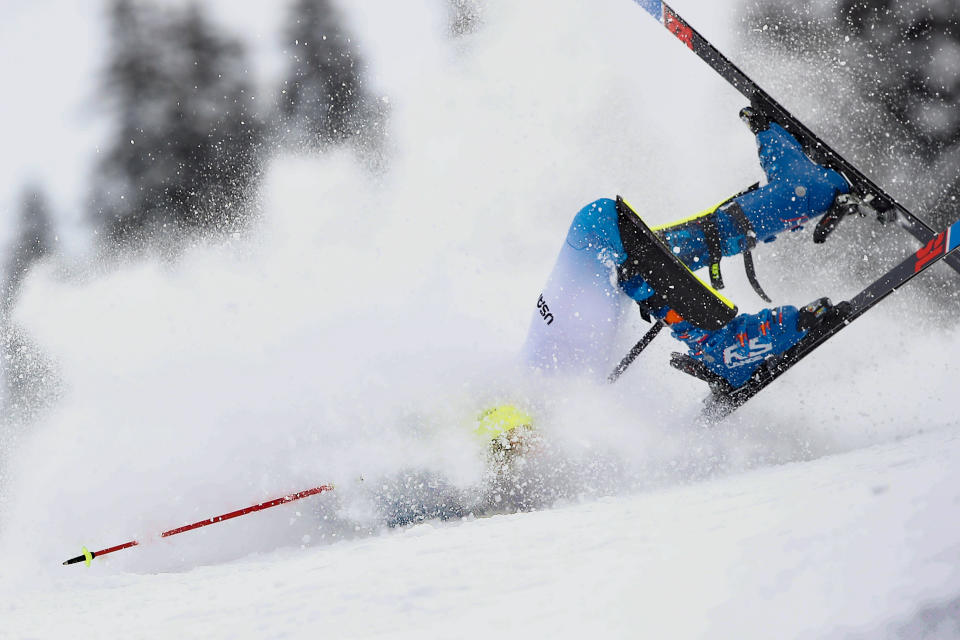 United States' Benjamin Ritchie falls during an alpine ski, men's World Cup slalom, in Lenzerheide, Switzerland, Sunday, March 21, 2021. (AP Photo/Gabriele Facciotti)