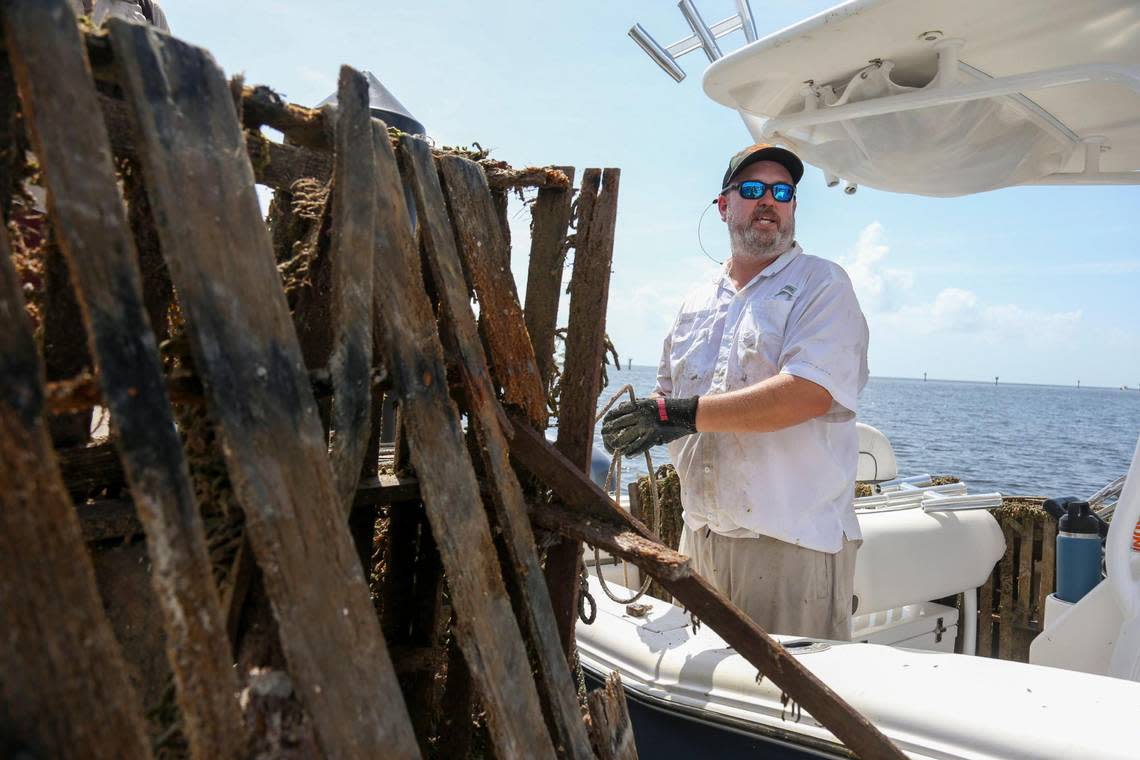 Capt. Spencer Crowley docks at Matheson Hammock Park & Marina on a boat loaded with abandon crab and lobster traps during the Ghost Trap Rodeo event in Coral Gables, Florida, Sunday, July 16, 2023. SAM NAVARRO/Special for the Miami Herald