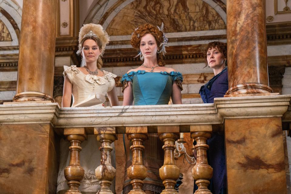 Imogen Waterhouse, Christina Hendricks and Simone Kirby in "The Buccaneers."