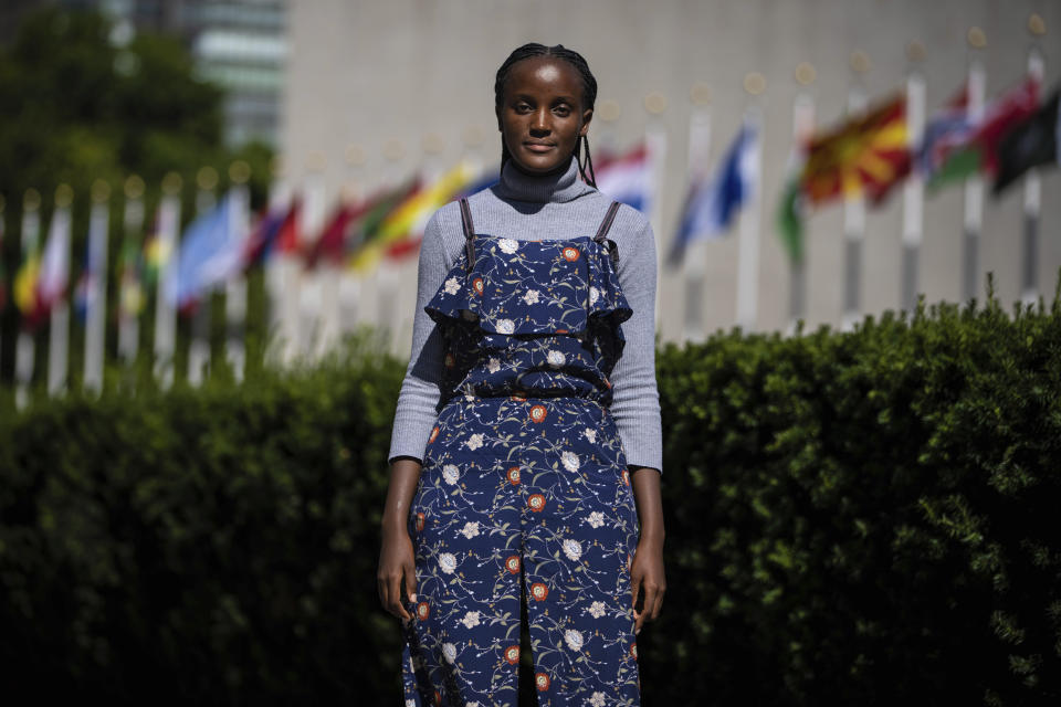 FILE - Climate activist Vanessa Nakate of Uganda poses for a portrait in New York outside the United Nations headquarters, Sept. 14, 2022. Nakate was a recipient of a Goalkeepers Global Goals Award given by the Bill and Melinda Gates Foundation on Tuesday, Sept. 20, 2022. The awards recognize the work of four people whose work has helped make progress toward the U.N. Sustainable Development Goals. (AP Photo/Robert Bumsted, FILE)