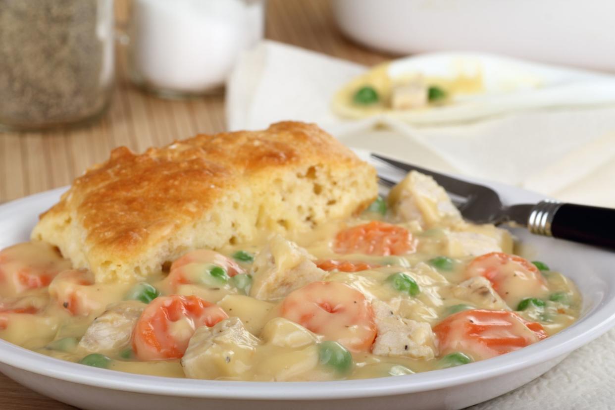 Chicken pot pie with carrots and peas