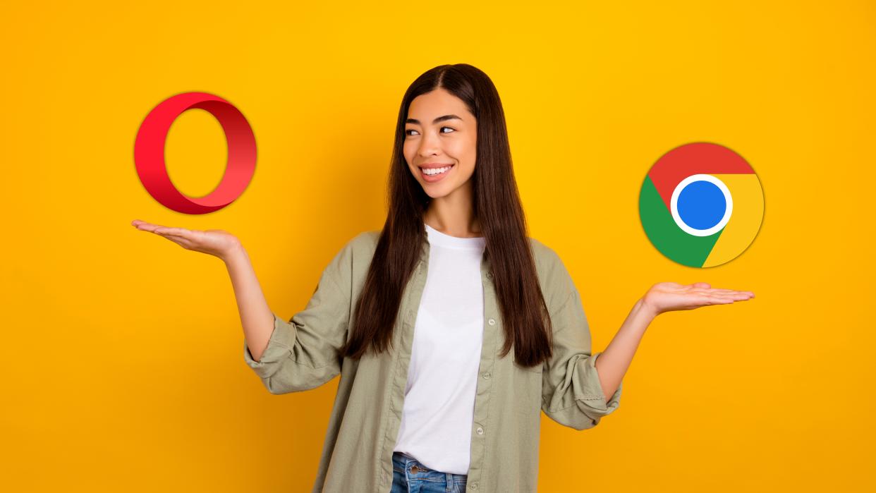  A smiling woman looking at the Opera browser icon in her hand, with the Google Chrome icon in her other hand. 