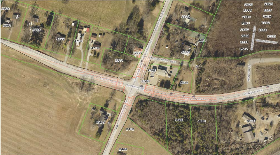 This aerial view shows where the Murfreesboro government is working on plans to install a traffic signal and add intersection improvements at Blackman Road connects with Manson Pike/Burnt Knob Road.