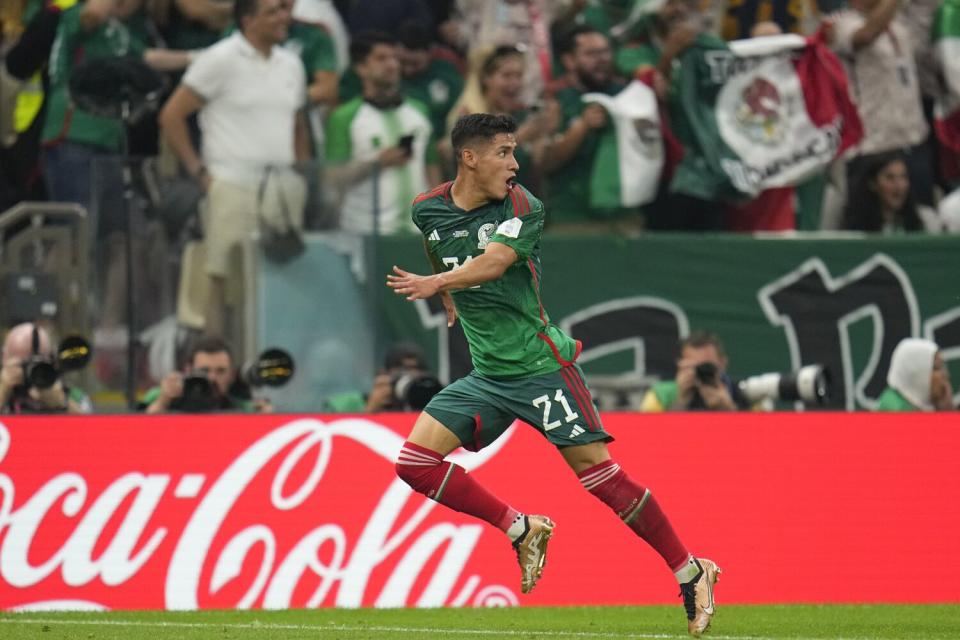 Mexico's Uriel Antuna reacts after being called offside on a goal attempt late in the match against Saudi Arabia