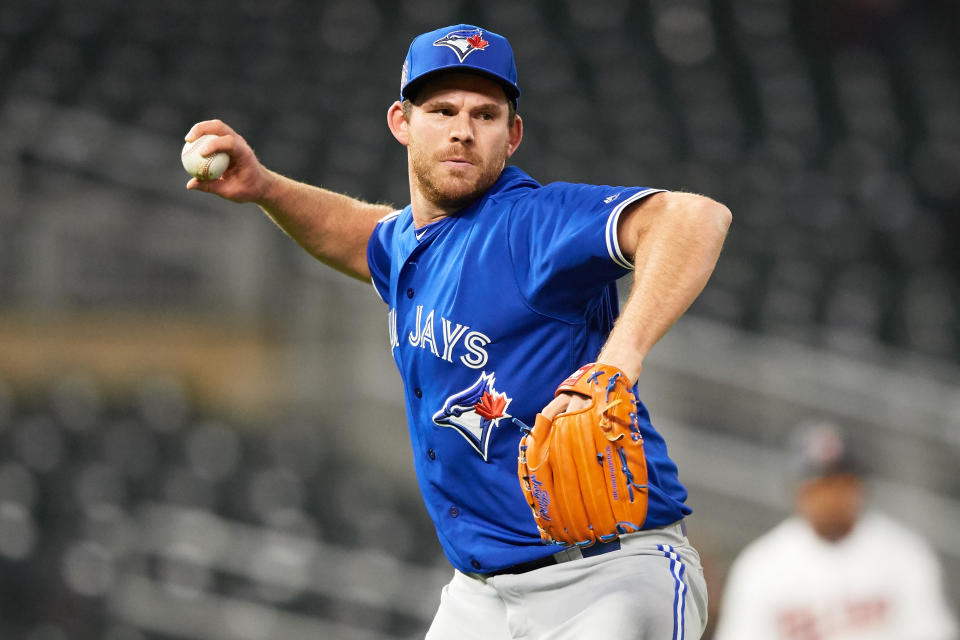 MINNEAPOLIS, MN - APRIL 15: Joe Biagini #31 of the Toronto Blue Jays throws to first base against the Minnesota Twins during the game on April 15, 2019 at Target Field in Minneapolis, Minnesota. All players are wearing number 42 in honor of Jackie Robinson Day. (Photo by Hannah Foslien/Getty Images)