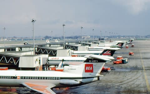 Tridents line up at Heathrow in the Sixties - Credit: Author's collection