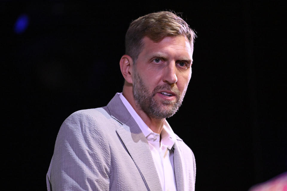 Basketball Hall of Fame Class of 2023 inductee Dirk Nowitzki speaks at a news conference at Mohegan Sun, Friday, Aug. 11, 2023, in Uncasville, Conn. (AP Photo/Jessica Hill)