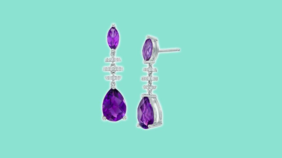 Zales Pear-Shaped Amethyst and White Lab-Created Sapphire Stopper Drop Earrings in Sterling Silver