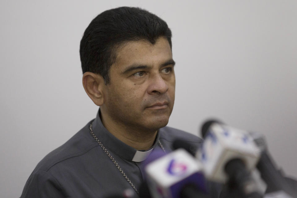 FILE - Rolando Alvarez, Bishop of Matagalpa, attends a press conference in Managua, Nicaragua, May 3, 2018. The Vatican said Saturday, March 18, 2023 it had closed its embassy in Nicaragua after the government proposed suspending diplomatic relations, the latest episode in the years-long crackdown on the Catholic Church by the administration of President Daniel Ortega. A prominent Catholic Bishop, Alvarez was sentenced to 26 years in prison last month after he refused to board an airplane that flew other priests into to exile in the United States.(AP Photo/Moises Castillo, File)