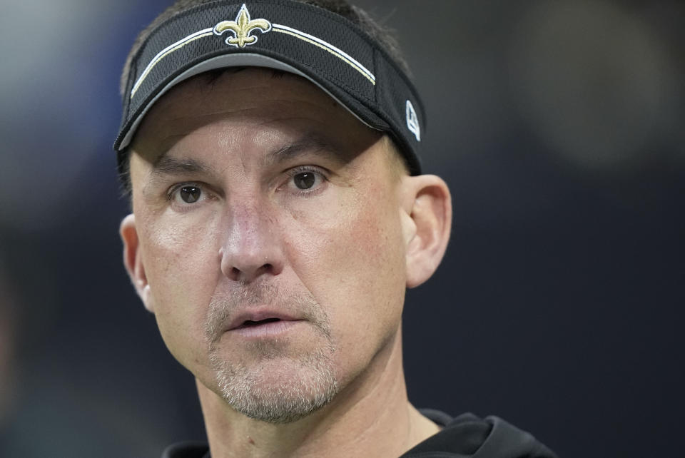 New Orleans Saints head coach Dennis Allen watches warm ups before an NFL football game against the in New Orleans, Sunday, Jan. 7, 2024. (AP Photo/Gerald Herbert)