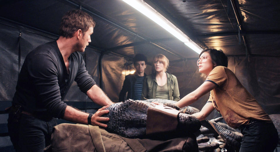 From left, Chris Pratt, Justice Smith, Bryce Dallas Howard, and Pineda in <em>Jurassic World: Fallen Kingdom</em>. (Photo: Universal Pictures/courtesy Everett Collection)
