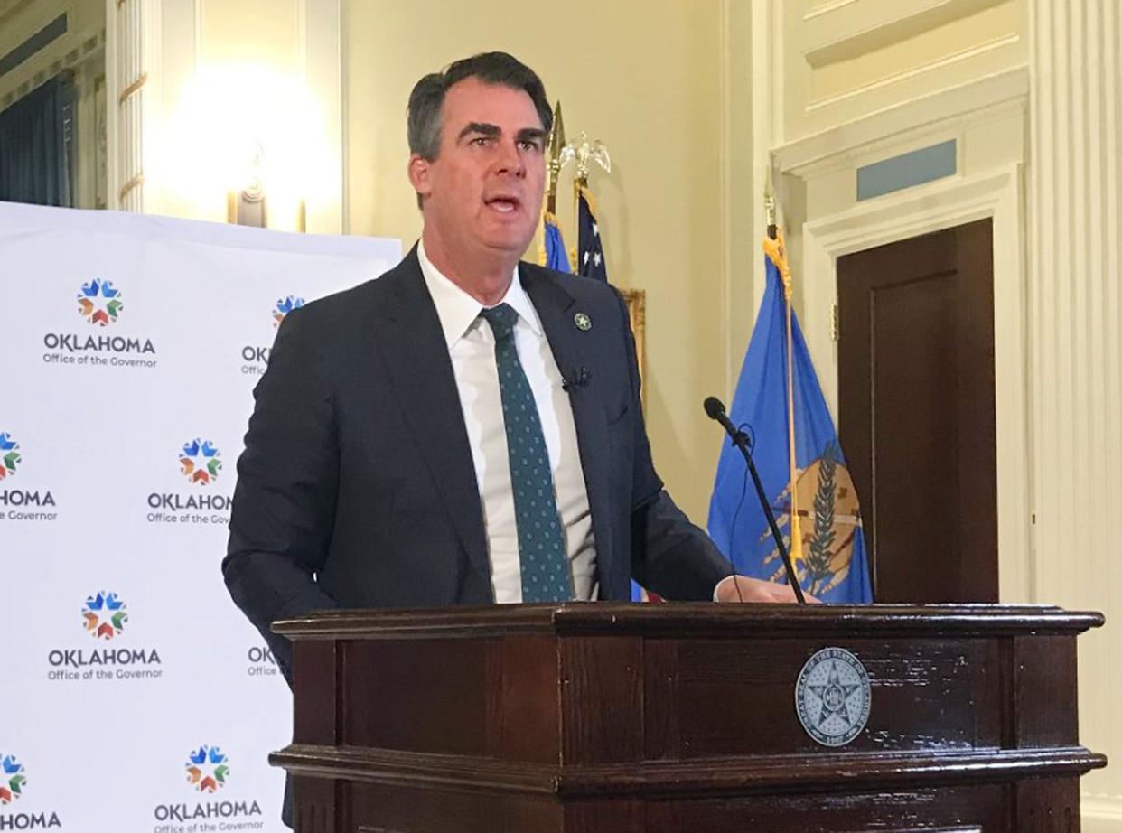 Gov. Kevin Stitt speaks Friday at his weekly news conference in the Blue Room at the Oklahoma Capitol.