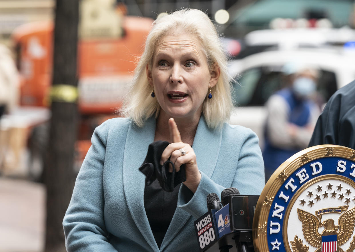 NEW YORK, UNITED STATES - 2020/11/15: U.S. Senator Kirsten Gillibrand with Chuck Schumer (not pictured) demand that Senate Leader Mitch McConnell deliver robust stimulus bill at presser on 780 3rd Avenue. Both Senators demanded that Mitch McConnell accepted the mandate of the recent election and put a robust COVID relief bill on the Senate floor as soon as possible. They also pointed to tweet by President Donald Trump where he stated that McConnell should stop blocking relief bill. Senators stated that next relief package must contain tools to tackle food insecurity, rental assistance, universal paid leave, and the fair and equitable distribution of a vaccine as well as to be detailed for New York State including relief for MTA. (Photo by Lev Radin/Pacific Press/LightRocket via Getty Images)
