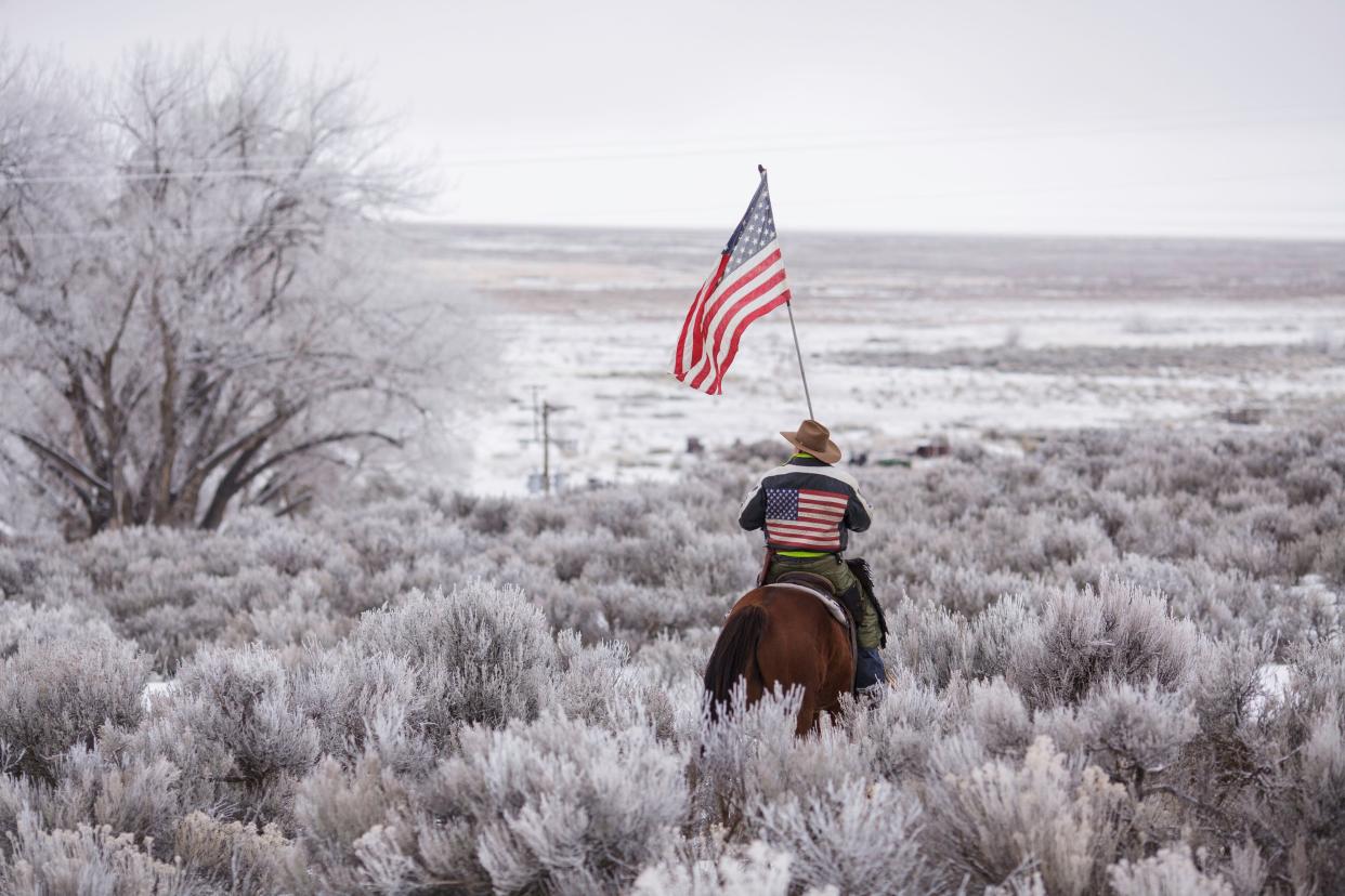 Duane Ehmer rides his horse at the occupied Malheur National Wildlife Refuge in Burns, Oregon, Jan. 7, 2016. (Photo: ROB KERR via Getty Images)