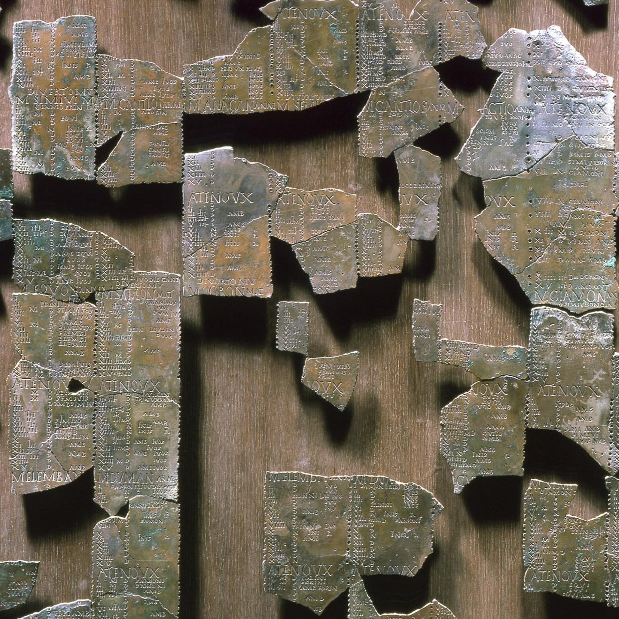 Fragments of the Coligny calendar from ancient Gaul (2nd century CE) now on display in the Gallo-Roman museum in Lyon, France.