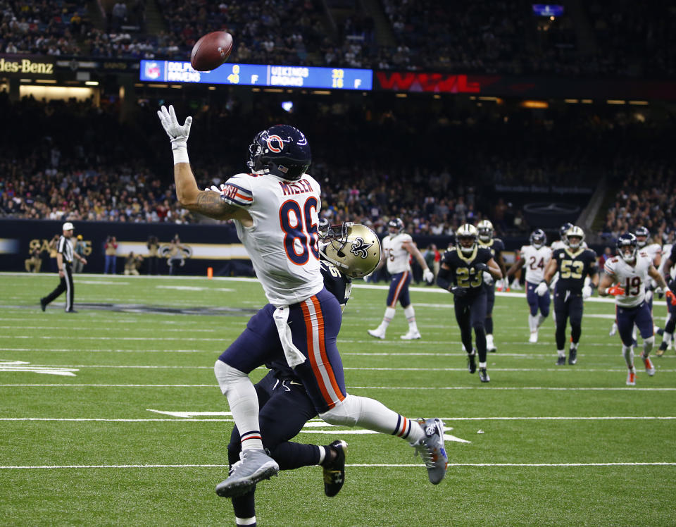 It was ultimately ruled that Bears tight end Zach Miller didn't come down with this catch for a touchdown against the Saints. (AP) 