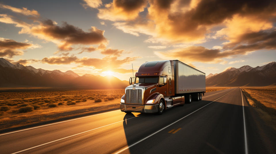 A driver maneuvering a large truck down an open highway, showing the transportation capabilities of the company.