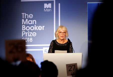 Britain's Camilla, the Duchess of Cornwall addresses the guests during the Man Booker Prize for Fiction 2018, the prize's 50th year, at the Guildhall in London, Britain, October 16, 2018. Frank Augstein/Pool via REUTERS