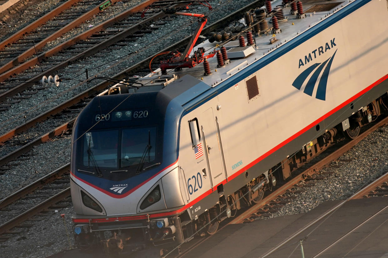 An Amtrak train seen from above.