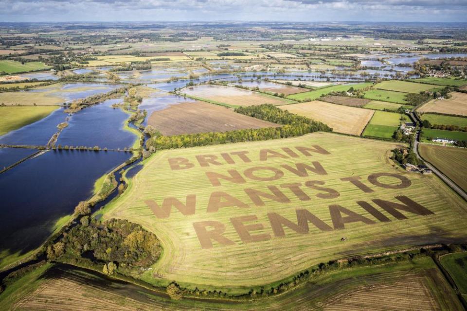 A Led by Donkeys message ploughed in 40-metre high letters in a field at Manor Farm, Water Eaton, Wiltshire, yesterday.