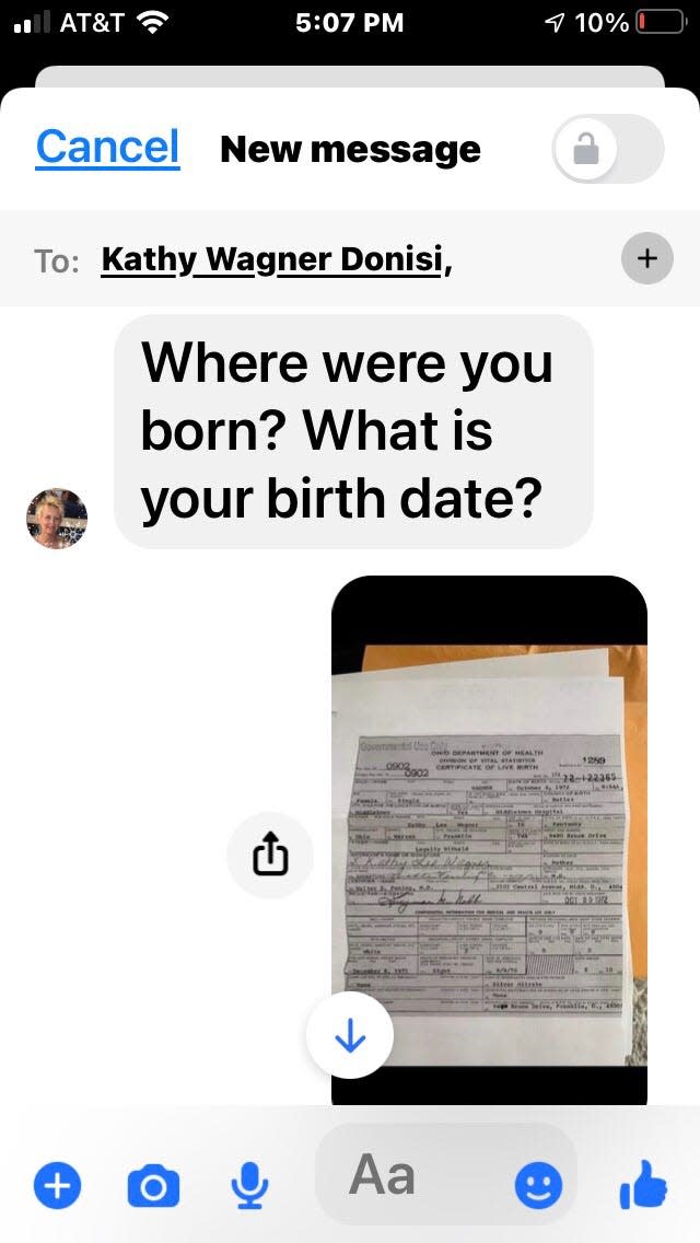 A screenshot of a Facebook message between Kathy Donisi and Angie Foster which included Foster’s birth certificate.