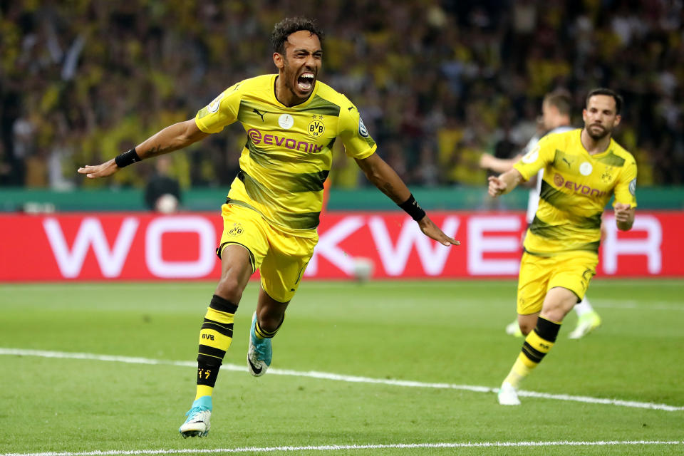 Pierre-Emerick Aubameyang celebrates a goal for Borussia Dortmund. He is the most expensive player in Arsenal history. (Getty)