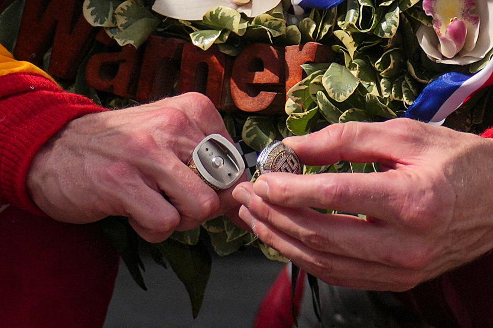 Team Penske driver Josef Newgarden (2) notices that his winning ring fell apart on Sunday, May 28, 2023, after he won the 107th running of the Indianapolis 500 at Indianapolis Motor Speedway. 