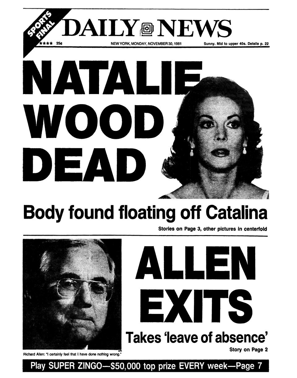 Portada del Daily News del 30 de noviembre de 1981 anunciando la muerte de la actriz. (Photo By: /NY Daily News via Getty Images)