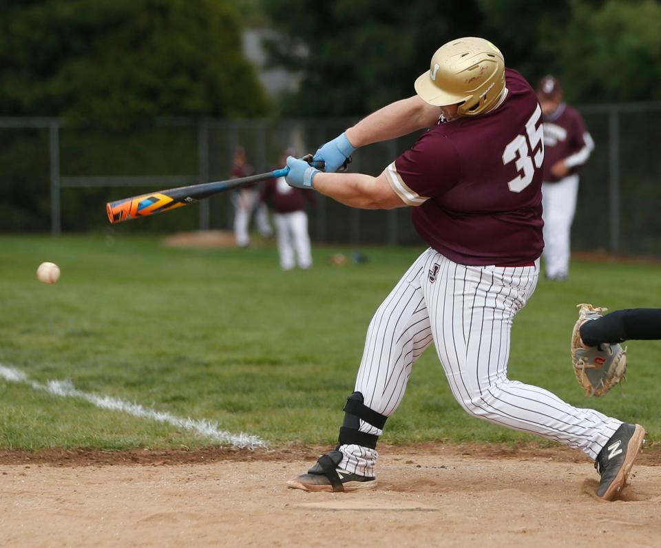 Jimtown senior Brandon Smith hits a two-RBI single to right field in the sixth inning of baseball game against Bremen Wednesday, April 24, 2024, at Bremen High School.