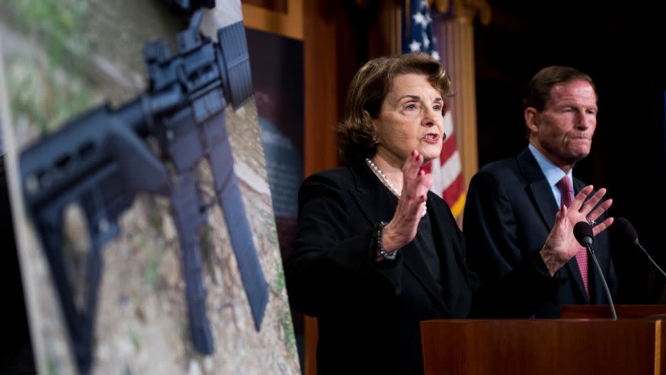 Feinstein and Sen. Richard Blumenthal of Connecticut, hold a news conference in the Capitol on Wednesday, October 4, 2017. - Bill Clark/CQ-Roll Call, Inc./Getty Images