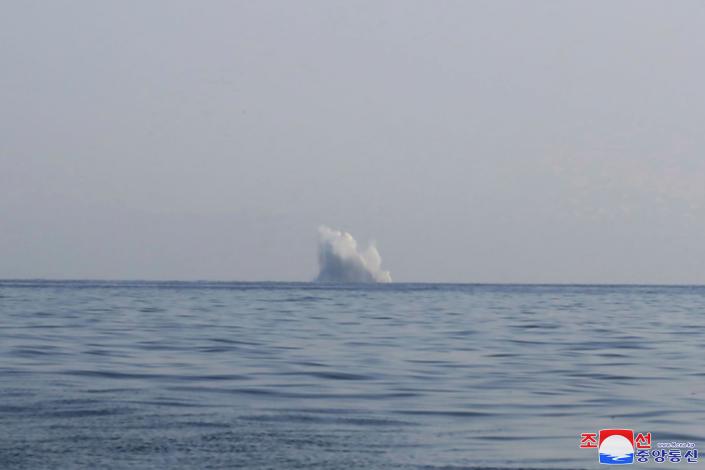 This photo provided on Tuesday, March 28, 2023, by the North Korean government shows underwater weapon test by drone named Haeil, held between March 25 and March 27, 2023, in undisclosed location, North Korea.