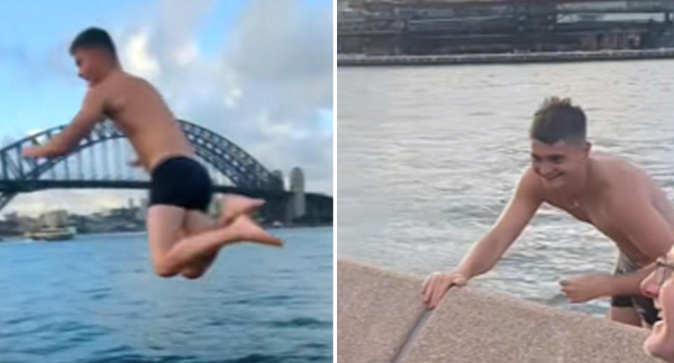 Left, the man is seen mid jump into the water at Sydney Harbour with the Harbour bridge visible behind him. Right, he is climbing back over the ledge. 