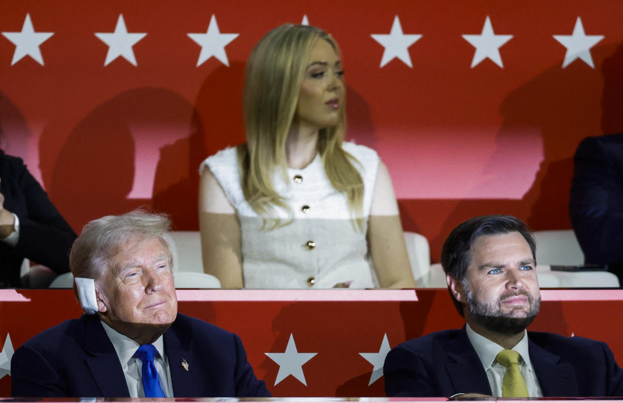  Donald Trump, left, Republican vice presidential nominee JD Vance, right, and Tiffany Trump, at top, look on during day two of the Republican National Convention.