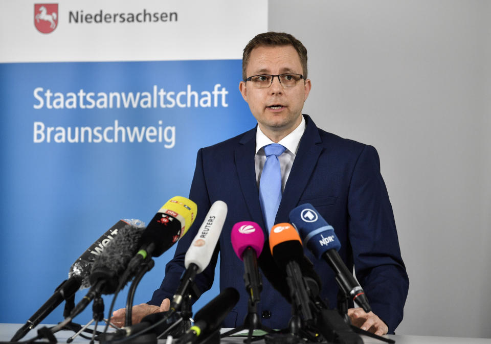 First Prosecutor Hans Christian Wolters addresses the media during a press conference on the Madeleine McCann case at the public prosecutor's office in Braunschweig, Germany, Thursday, June 4, 2020. A German man has been identified as a suspect in the case of a 3-year-old British girl who disappeared 13 years ago while on a family holiday in Portugal. (AP Photo/Martin Meissner)