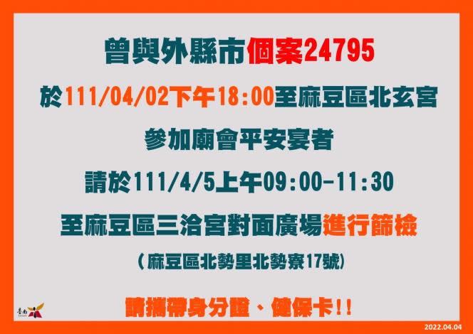 台南市衛生局呼籲足跡有重疊者要篩檢。（圖／翻攝自台南衛生局）