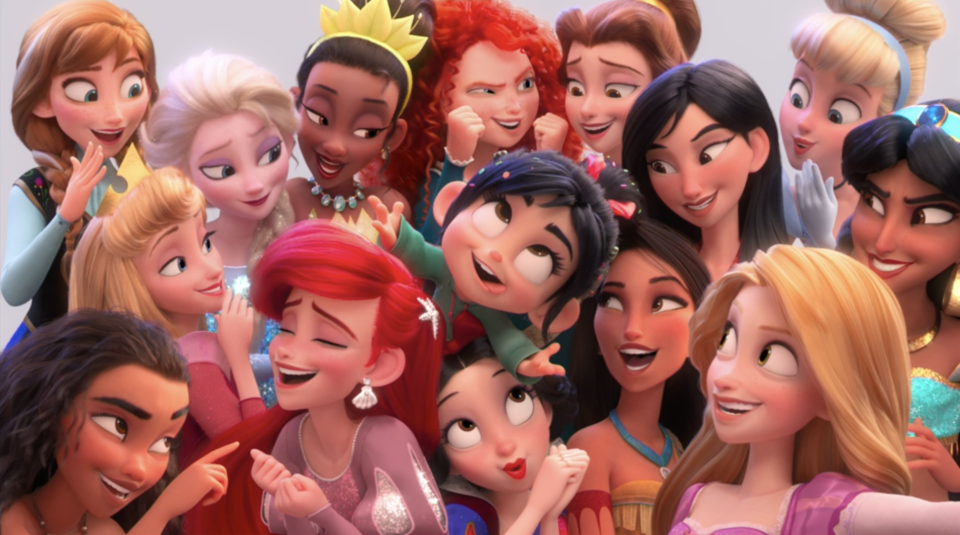 Vanellope Von Schweetz poses and fellow Disney princesses in “Ralph Breaks the Internet.” (Disney)