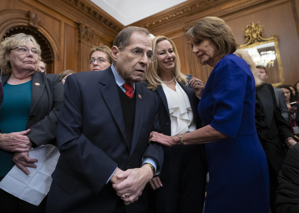 FILE - In this Jan. 4, 2019, Speaker of the House Nancy Pelosi, D-Calif., right, htalks with Rep. Jerrold Nadler, D-N.Y., center, chairman of the House Judiciary Committee, at the Capitol in Washington. Special counsel Robert Mueller said May 29, 2019, he believed he was constitutionally barred from charging President Donald Trump with a crime but pointedly emphasized that his Russia report did not exonerate the president. Nadler, in a statement, said it falls to Congress to respond to the "crimes, lies and other wrongdoing of President Trump – and we will do so." (AP Photo/J. Scott Applewhite, file)