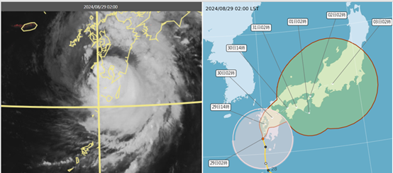 今日2時真實色雲圖顯示，「珊珊」逼近九州，在鹿兒島西側近海，颱風眼已漸模糊(左圖)。今日2時中央氣象署「路徑潛勢預測圖」(右圖)顯示，中颱「珊珊」在日本九州西側近海，偏北逐漸轉向偏東，因導引氣流弱、且多變，移速不快、路徑的「不確定性」加大(右圖紅框)。取自氣象應用推廣基金會