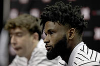 TCU's Mike Miles, right and Francisco Farabello speak to the media during Big 12 NCAA college basketball media day Wednesday, Oct. 20, 2021, in Kansas City, Mo. (AP Photo/Charlie Riedel)