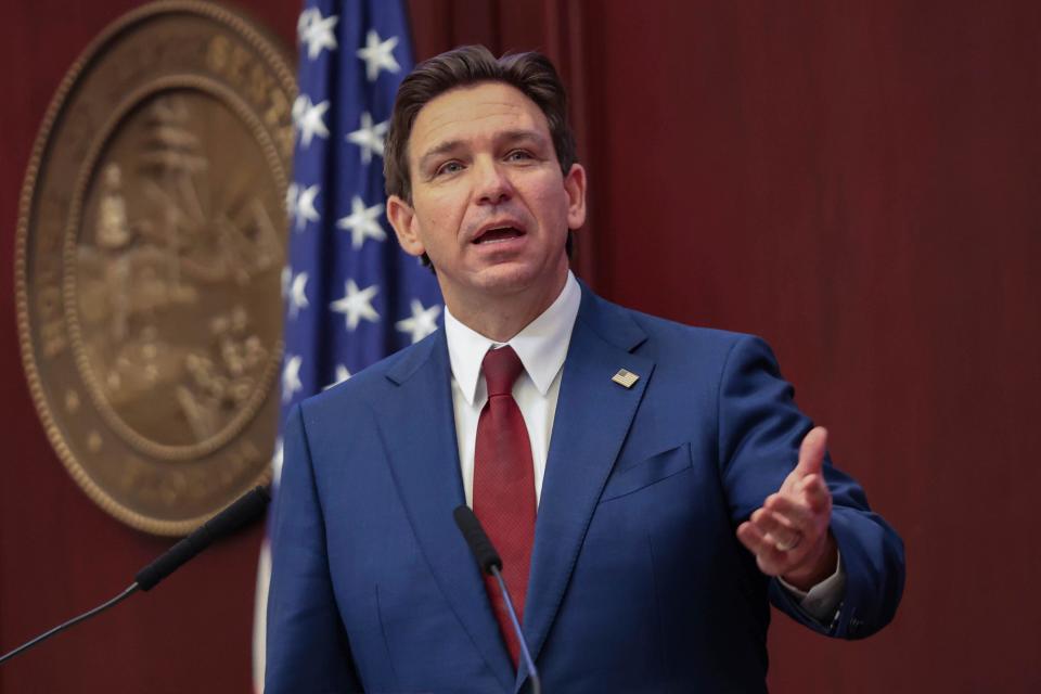 Florida Governor Ron DeSantis gives his State of the State address during a joint session of the Senate and House of Representatives in Tallahassee, Fla., Tuesday, Jan. 9, 2024. (AP Photo/Gary McCullough)