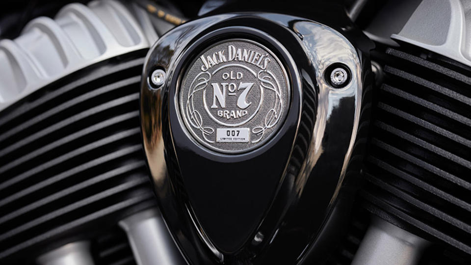 A close-up of the Jack Daniel's Indian Motorcycle Chief Bobber Dark Horse's engine badge