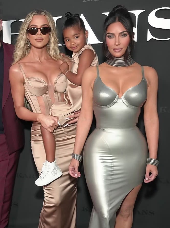 Khloé Kardashian, True Thompson, and Kim Kardashian at the Los Angeles premiere of Hulu's The Kardashians on April 7, 2022.