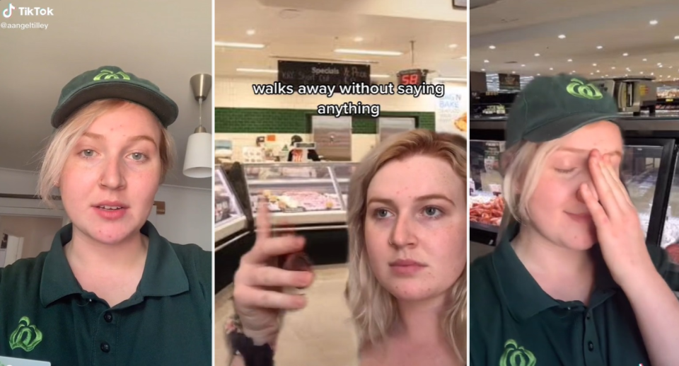 Screenshots from TikTok showing a Woolworths worker re-enacting a deli encounter