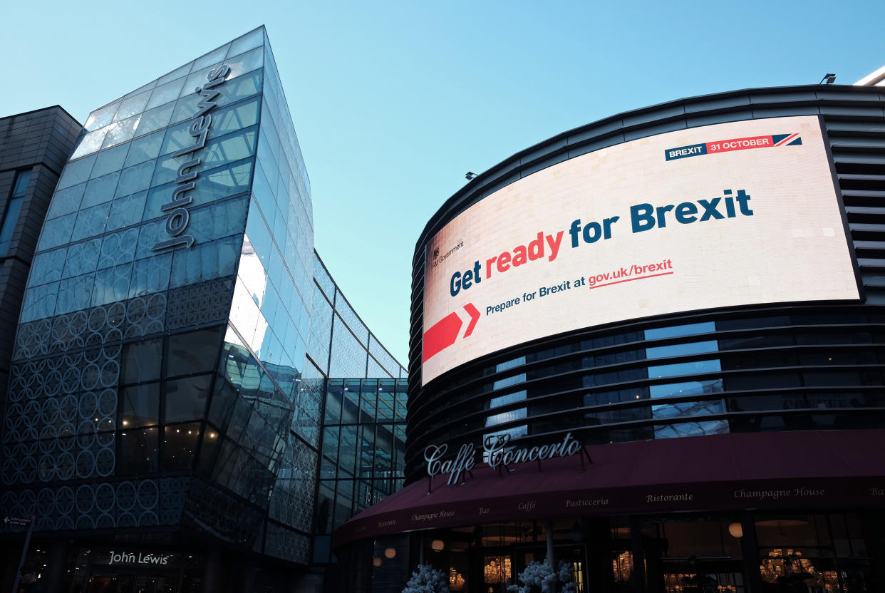 An electronic display showing a 'Get ready for Brexit' Government advert, in London. Photo: Yui Mok/PA Wire                                    