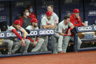 Member of the Philadelphia Phillies react at the end of a loss to the Tampa Bay Rays in a baseball game Sunday, Sept. 27, 2020, in St. Petersburg, Fla. (AP Photo/Mike Carlson)