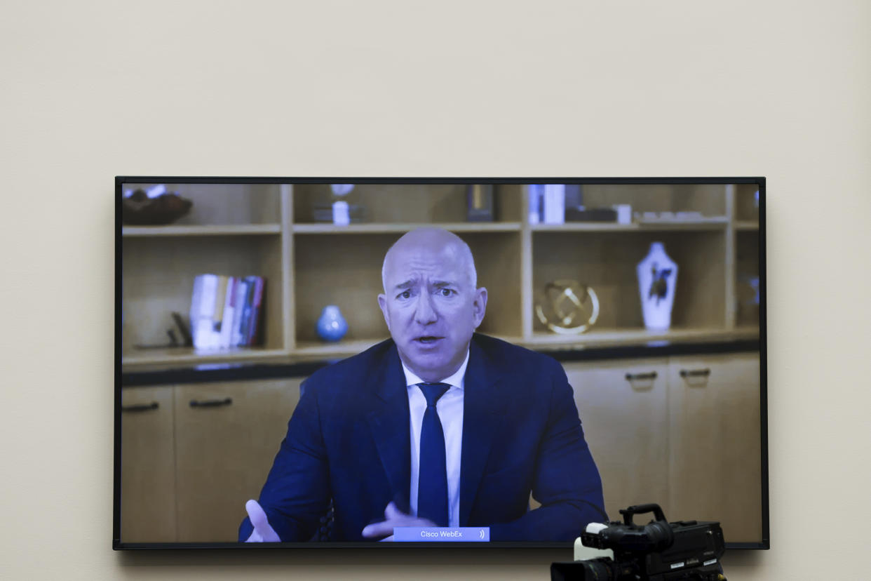 Amazon CEO Jeff Bezos speaks via video conference during a House Judiciary subcommittee hearing on antitrust on Capitol Hill on Wednesday, July 29, 2020, in Washington. (Graeme Jennings/Pool via AP)